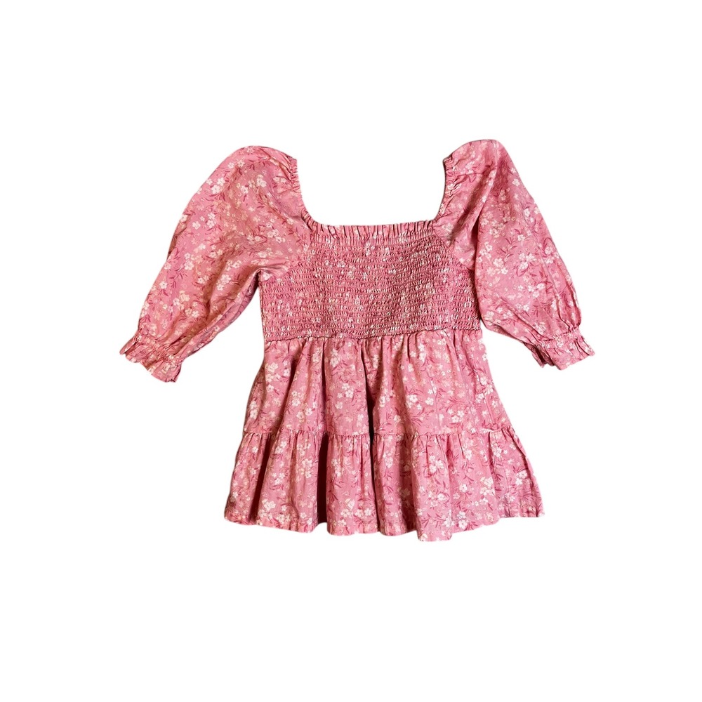 Crown & Ivy Kids Pink Floral Smocked Peplum Top‎ Puff Sleeve Size Large
